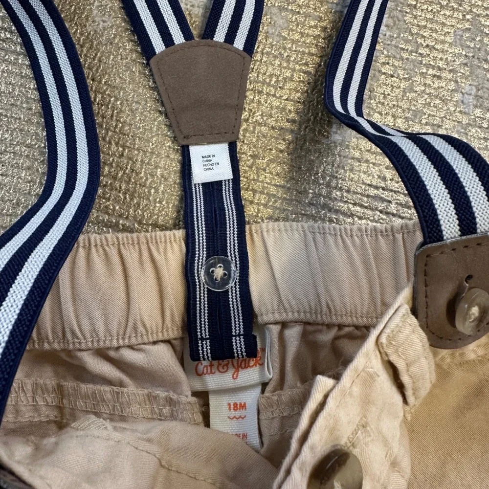 CAT & JACK Baby Boys Chambray Blue/Khaki Suspender Bow Tie Shorts Outfit 18M - Picture 5 of 7